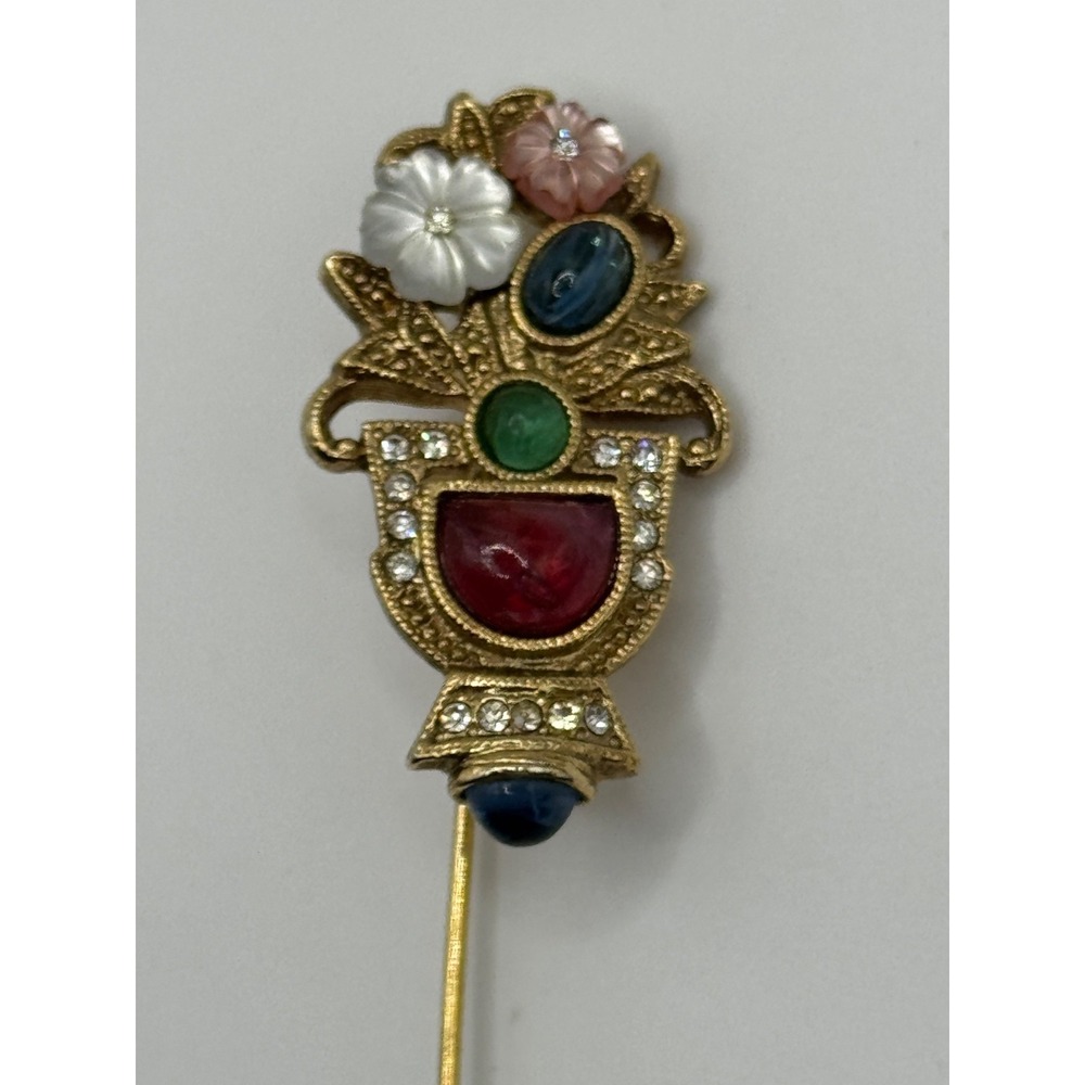 Vintage 1928 Brand Fruit Salad Flower Basket Rhinestone Gold Tone Stick Pin